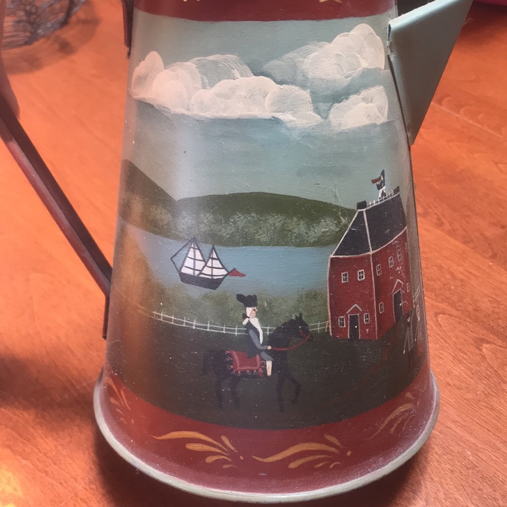 Folk Art - Tin hand painted coffee pot. Excellent!